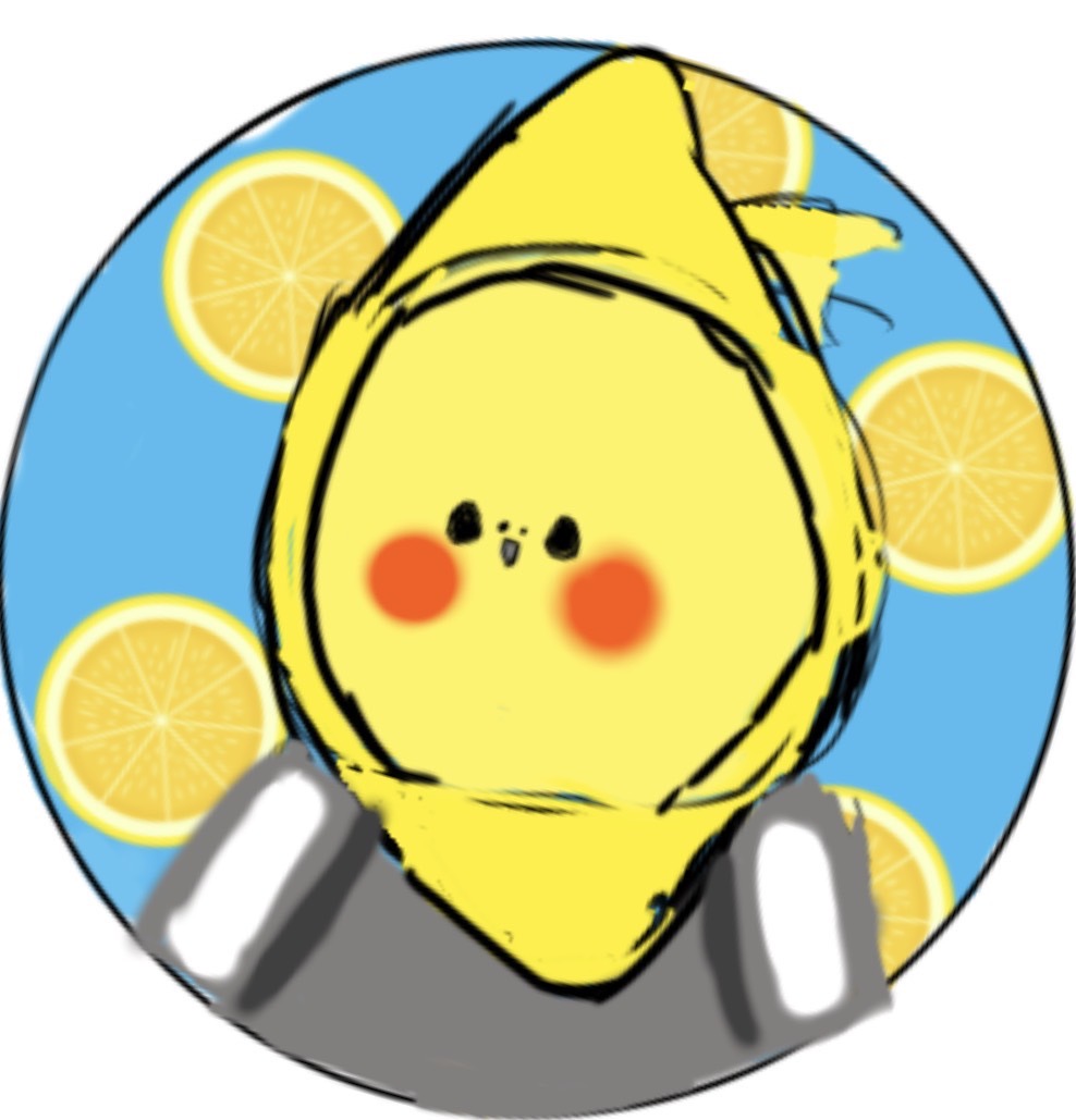 娘が描いたレモンのキャラクターのラフ原案。青い背景にレモンの輪切りが浮かび、ほっぺが赤い